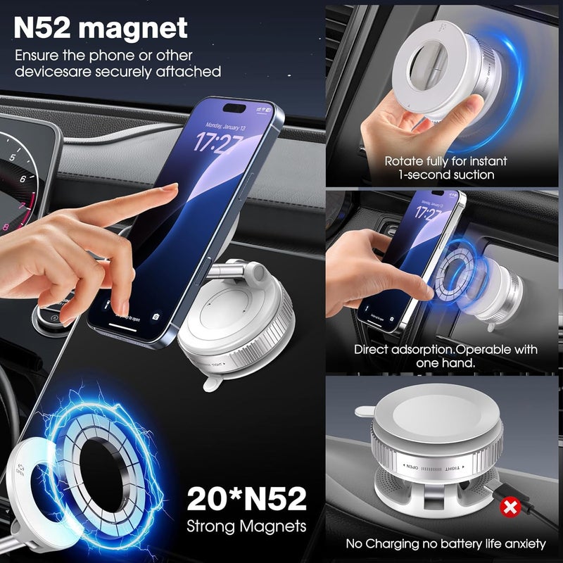 Jikasho Vacuum Magnetic Suction Phone Holder, Foldable and Retractable Hands-Free Suction Cup Phone Mount for Car/Gym/Mirror/Smooth Surface, Compatible with iPhone Android and All Smartphones (White) - Image 3